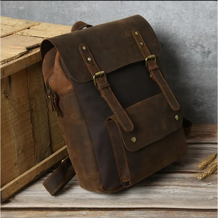 Black Leather Unisex Backpack-010