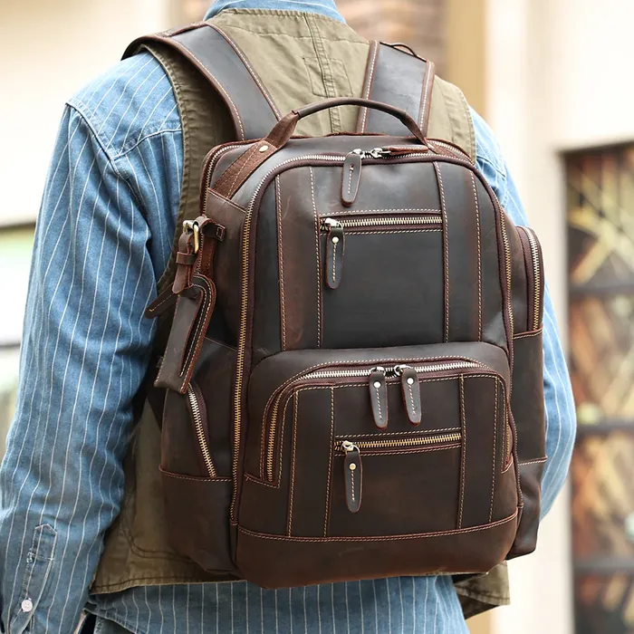 Black Leather Unisex Backpack-009