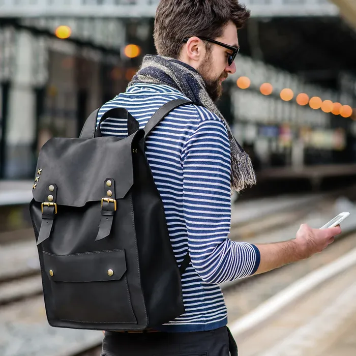 Black Leather Unisex Backpack-004