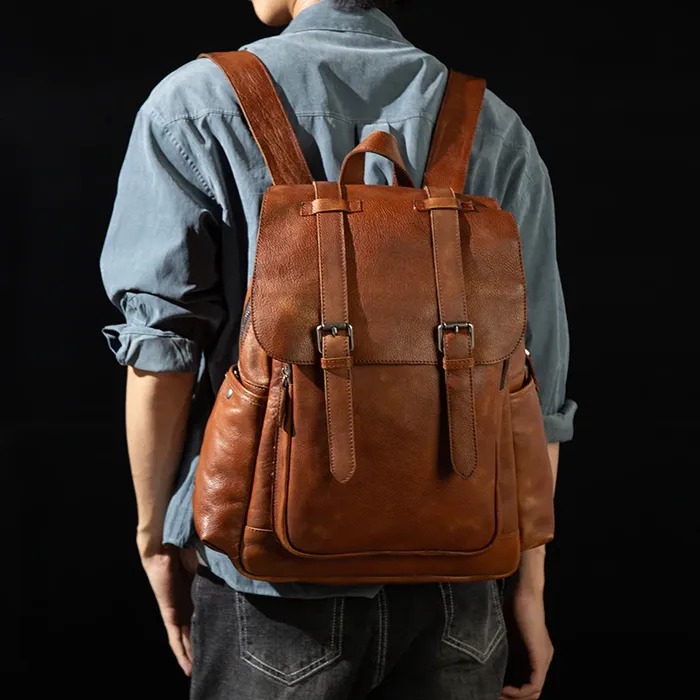 Black Leather Unisex Backpack-008
